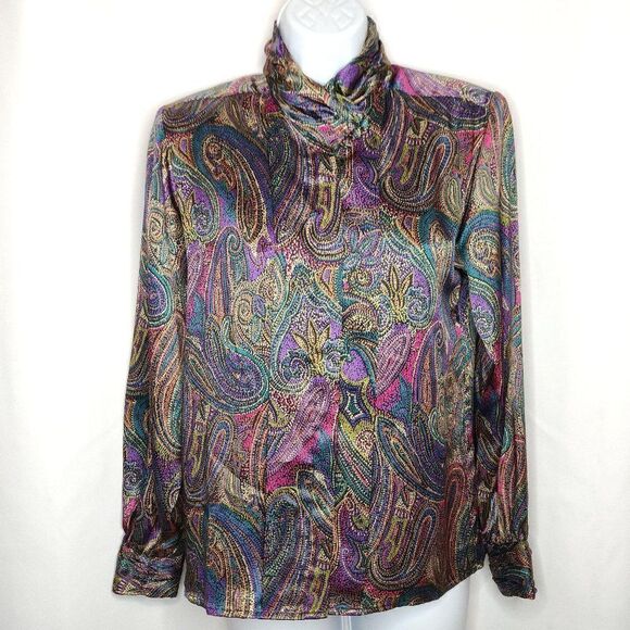 Vintage Tess Paisley Secretary Blouse Sz 4P Purple Teal Gold Shoulder Pads - Picture 2 of 7